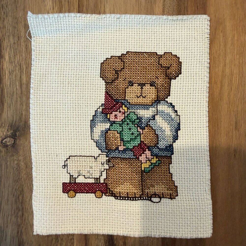 Finished Cross Stitch Teddy Bear w/ Doll  5x6.5” Unframed Nursery Decor